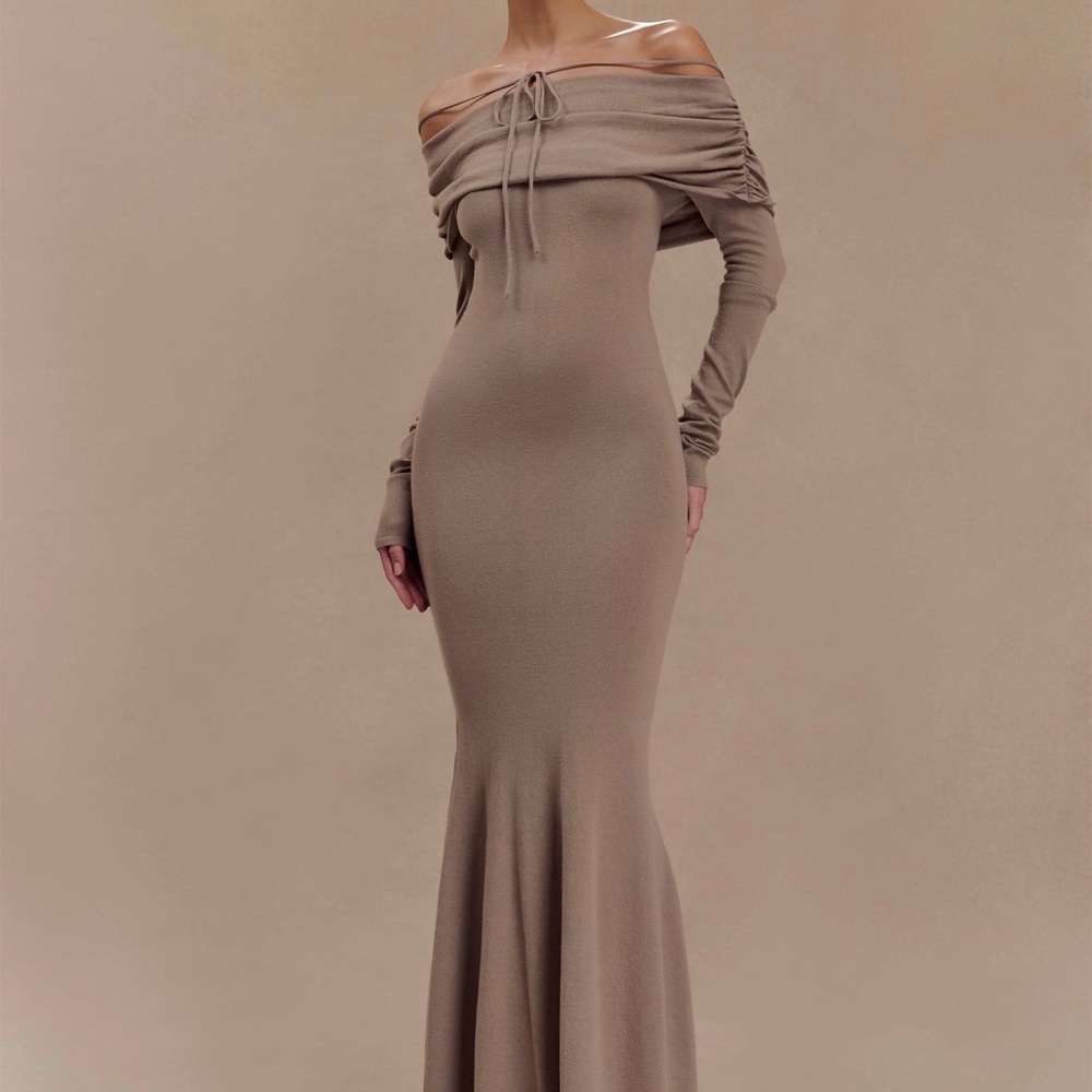 Meshki Off-Shoulder Long Sleeve Dress in Tan